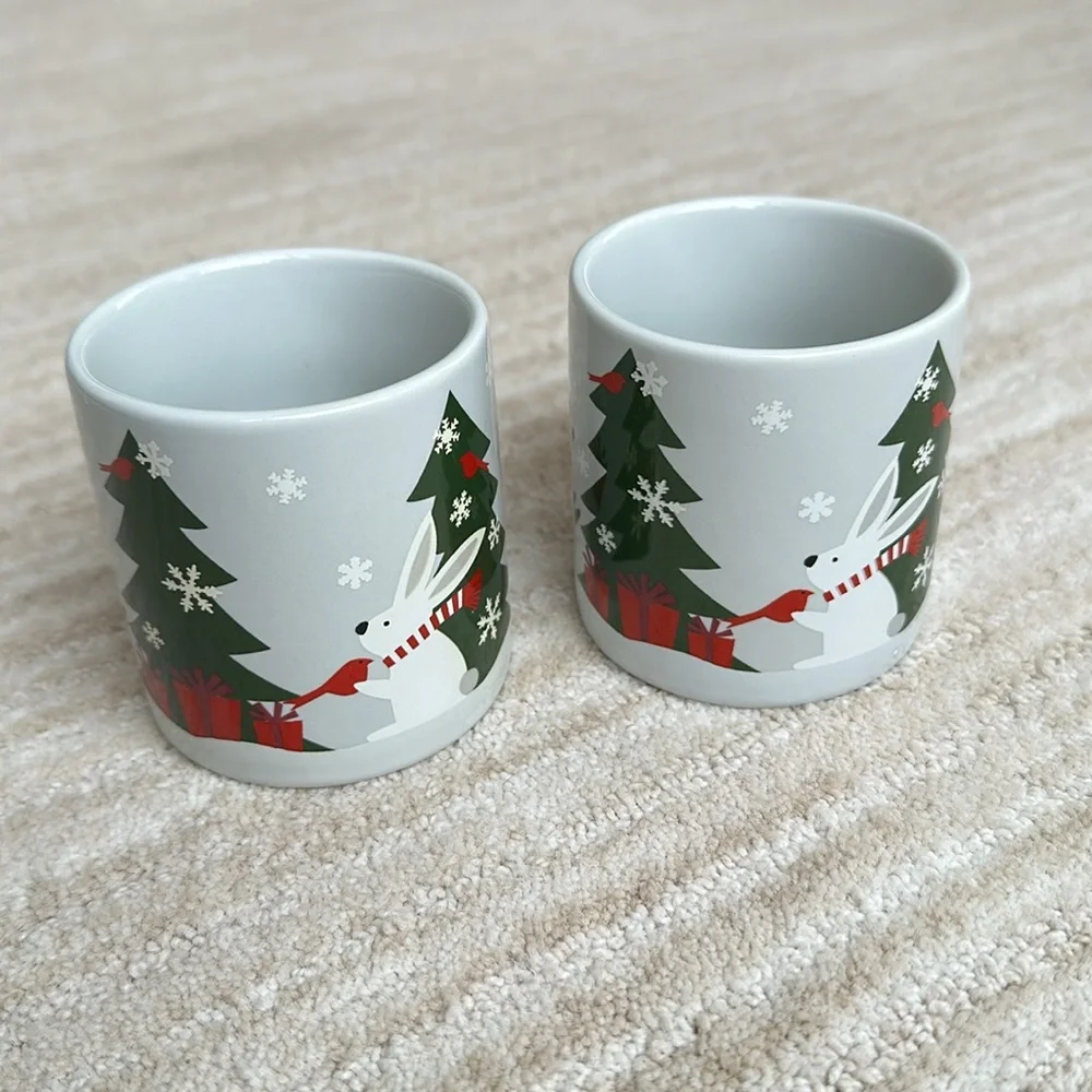 2 Crate & Barrel-Joan Anderson-Jolly Trio Child's Mug Christmas Trees/Rabbit/Fox